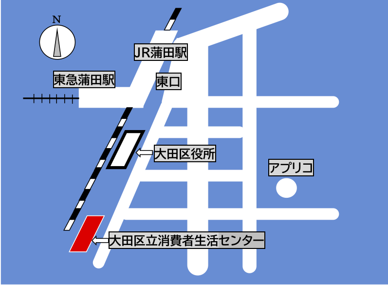 大田区消費者生活センター2階 大集会室 ＋ Zoom（Web会議システム）への地図