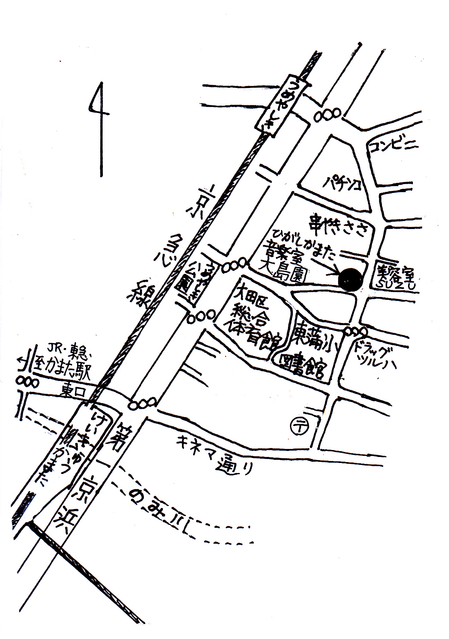 ひがしかまた音楽室大島園への地図